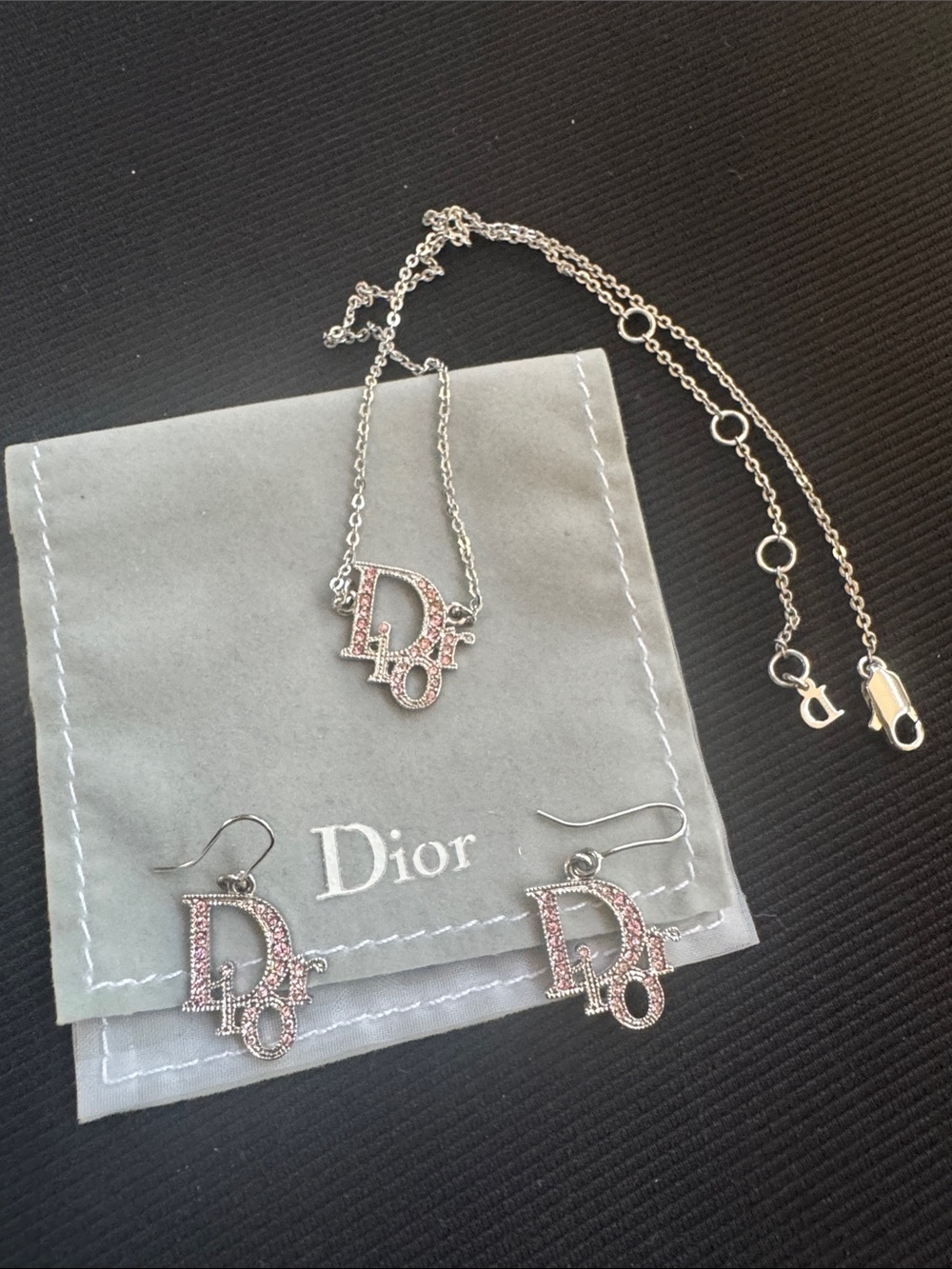 Dior Silver-tone Logo Necklace and Pink Crystal Drop Earrings set